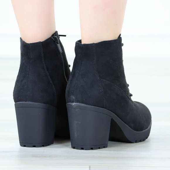 Black Suede Ankle Chunky Block Lug High Heel Boots Lace-Up - Picture 6 of 13